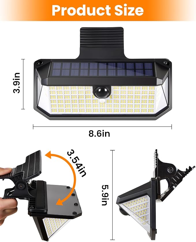 LUHLEE 416 LEDs Clip On Solar Lights Outdoor, 1500LM & 300° Angle Bright Motion Sensor Outdoor Lights with 3 Lighting Modes, IP65 Waterproof Flood Solar Light for Fence, Patio, Backyard, Gutter 2Pack
