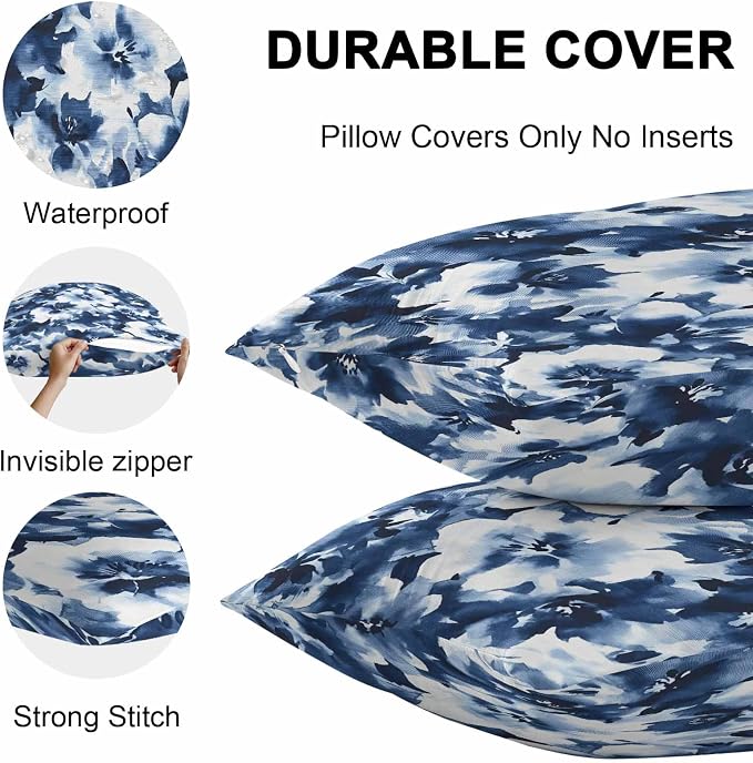 Outdoor Throw Pillow Cover Abstract Watercolor Flower Art Waterproof Cushion Covers 2 Pack Natural Blue White Floral Pillow Cases Home Decoration for Patio Garden Couch Sofa