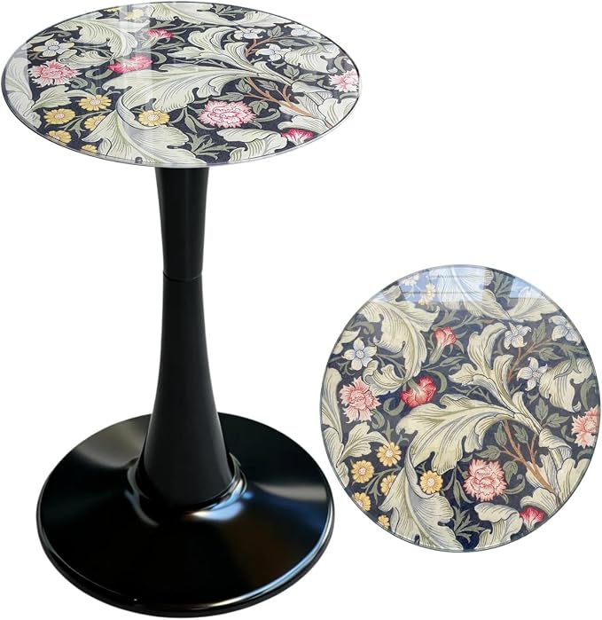 13.4" Outdoor Side Table, Round Patio Bistro Table Printed Tempered Glass Top, Waterproof Rust-Proof Base, Small Plant Stand for Balcony, Garden, Deck, 21.6" H (Morris Green)