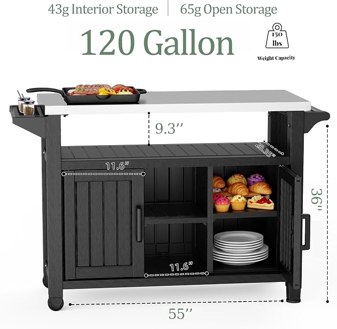 EFU Outdoor Bar Cart, Kitchen Island with Storage Cabinet & Stainless Steel Top, Outdoor Grill Table for Food Prep, Drinks, Snacks, and Cooking, Grill Cart for Parties, Pool, BBQ