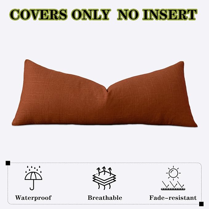 Kevin Textile Outdoor Waterproof 14”x36” Pillow Cover 1 Pack, Burnt Orange | Water Resistant, Soft Faux Linen-cotton Yarn-dyed Woven Texture Throw Pillow Covers for Tent Patio Garden Couch Sofa