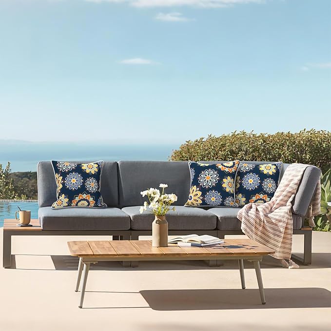 LVTXIII Outdoor Throw Pillows 18x18 Patio Waterproof Square Pillows with Piping Fade Resistant Accent Pillow for Spring Summer Garden Decoration, Set of 2, Bloom Medallion‌ Cobalt