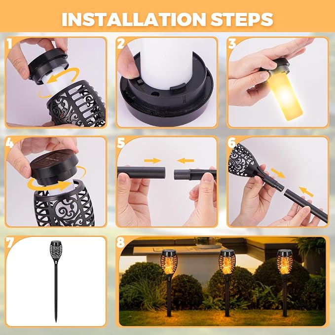 12 Pack Solar Lights Outdoor, Warm White Flickering Flame Torch | Warm White Flickering Flame, Long Nighttime Glow, Auto-On at Dusk, IP65 Weather-Resistant, Tool-Free Ground Setup