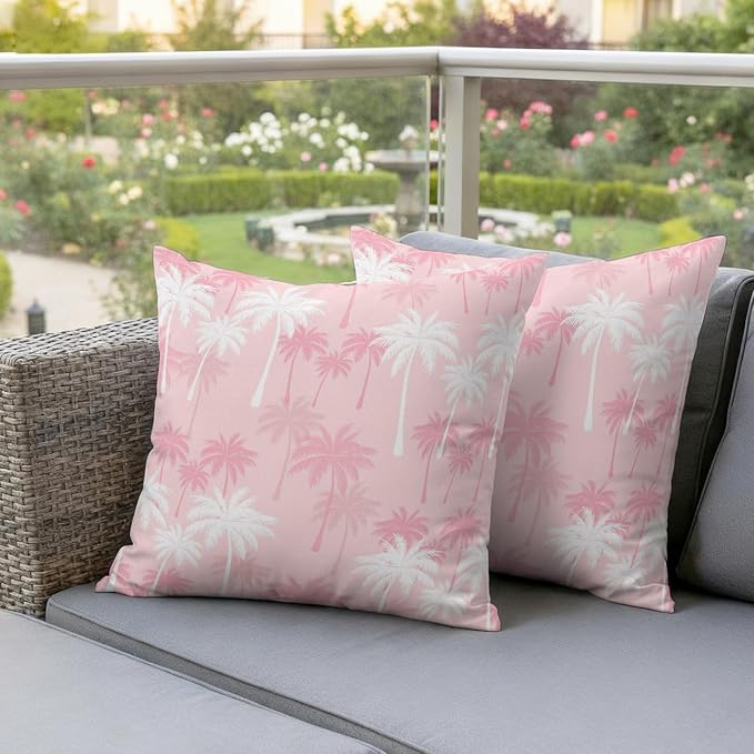 Throw Pillow Covers 24x24 Inch Set of 2, Tropical Palm Tree Waterproof Outdoor Pillow Covers, Pink White Plants Coastal Leaf Beach Decorative Cushion Pillowcases for Couch, Sofa, Bed, Garden, Patio