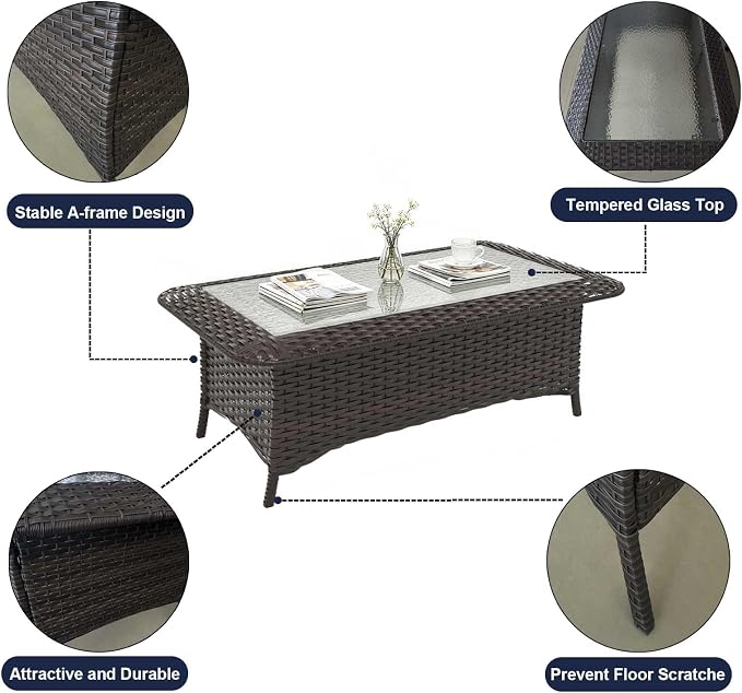 Outdoor Coffee Table with Tempered Glass Top, Wicker Patio Coffee Table Compatible with Patio Furniture Sets for Porch, Deck, Backyard, Brown