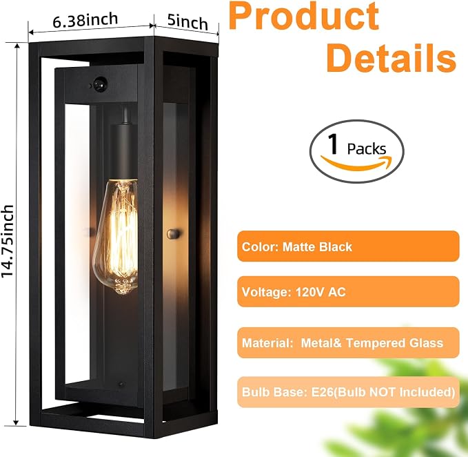 15" Large Outdoor Wall Lights, Dusk to Dawn Motion Sensor Outdoor Lights, Waterproof Anti-Rust Wall Sconces, Exterior Lighting Fixtures for Front Door, Porch, Garage, 1 Pack