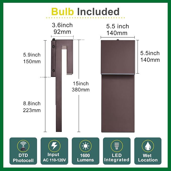 Tarentlight 15IN Outdoor Wall Sconce Fixture,Dusk to Dawn Patio Lights,Waterproof Exterior Lamp,Modern Wall Mounted with 17W 3000K LED, Bronze Finish,Outside Lights for House Front Door Entryway