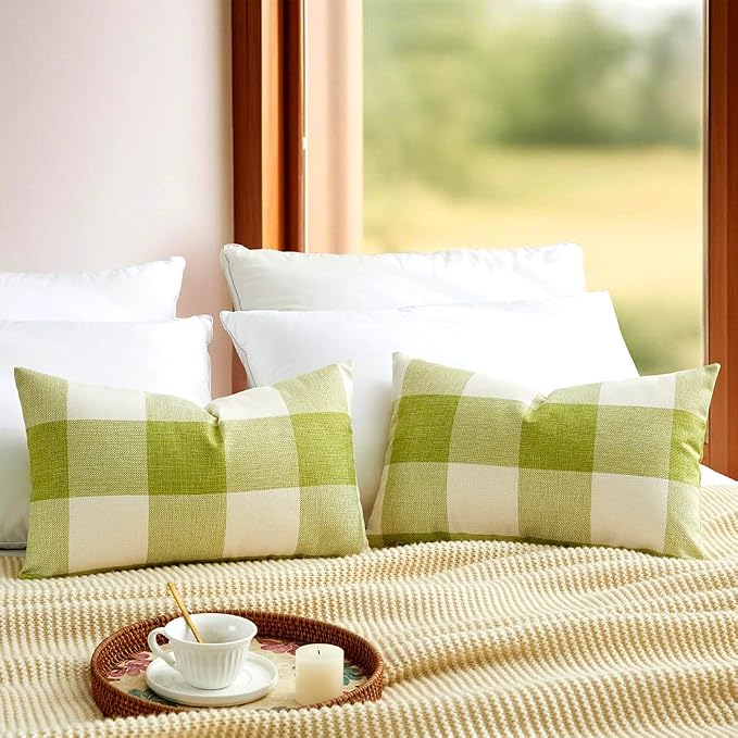CARRIE HOME Spring Green Outdoor Lumbar Pillows 12 x 20 Set of 2, Spring Porch Decor Green Plaid Pillow Covers 12x20, Sage Gingham Pillow Covers for Patio Furniture (No Pillow Inserts)