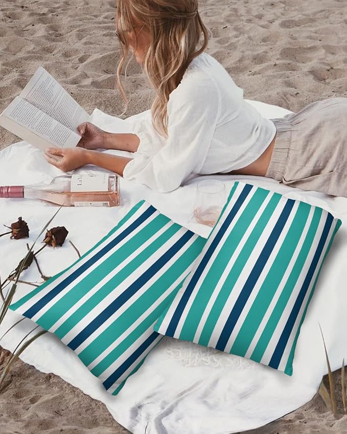 Outdoor Waterproof Lumbar Throw Pillow Covers Set of 2 Navy Blue Turquoise Stripes Decorative Outdoor Pillows Cushion Case 20x12 Inch Teal Striped Patio Pillows for Couch Sofa Bed Garden Home Decor