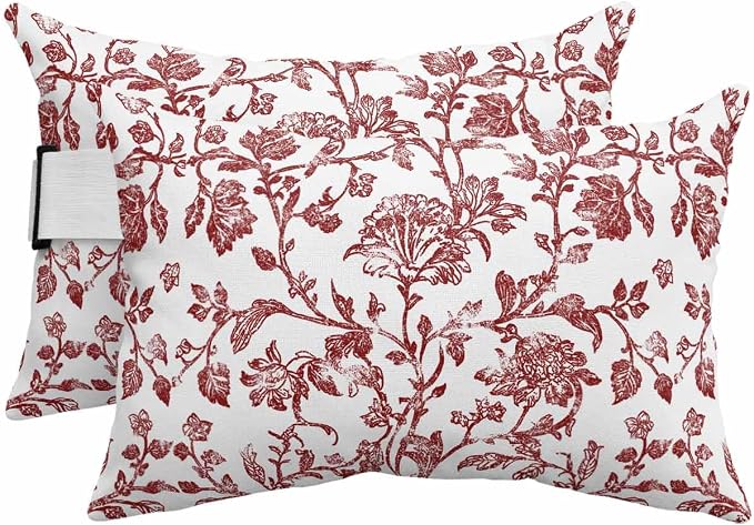 Pack of 4 Outdoor Lumbar Pillow Covers 11x16 Inch, Red Boho Flower Waterproof Throw Pillow Covers Set, Vintage Paisley Farmhouse Pattern Indoor&Outdoor Decorative Cushion Cases for Patio Porch Beach