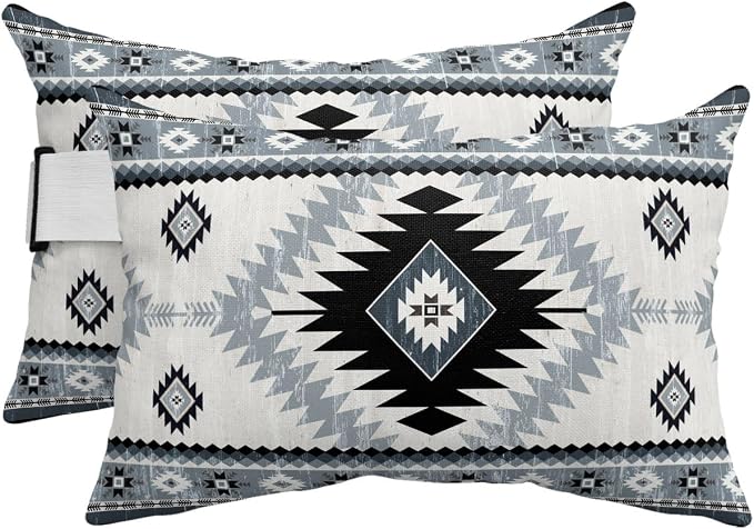 Outdoor Pillows Waterproof Covers Set of 2, Haze Blue Bohemian Adjustable Elastic Chaise Lounge Headrest Pillow Covers, Aztec Boho Tribal Decorative Lumbar Pillow for Pool Patio Furniture 11x16 Inch