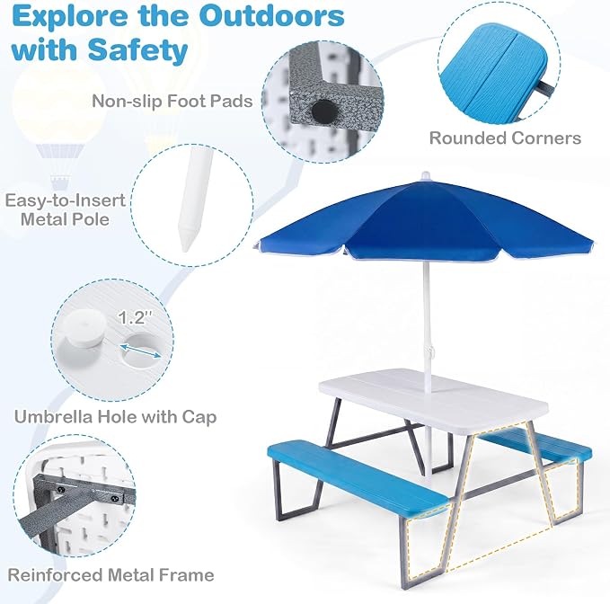 Costzon Kids Picnic Table, Toddler Outdoor Table & Bench Set with Removable Umbrella, HDPE Tabletop, Metal Frame, Kids Outdoor Furniture for Patio Backyard Garden, Fits 4 Children Age 3+ (Blue)