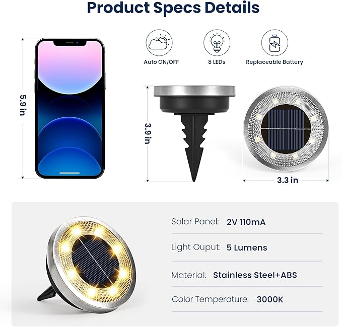 SOLPEX 10 Pack Solar Ground Lights Outdoor, Backyard Decor Warm White | IP65 Waterproof Stainless Steel Landscape Lighting for Walkway, Driveway, Pathway, Garden, Patio