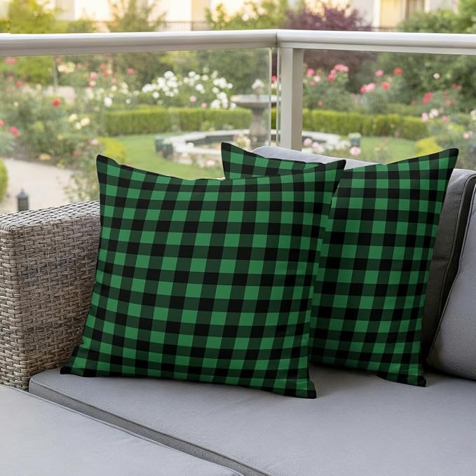 Forest Green Checks Outdoor Pillow Covers 16"x16" Set of 2, Black Gingham Plaid Abstract Modern Waterproof Throw Pillow Covers for Patio Furniture, Decorative Cushion Covers for Porch