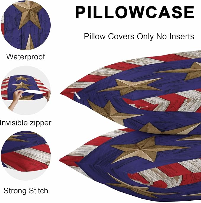 4th of July Outdoor Throw Pillows Covers 16x16 inch Set of 2 Waterproof Patriotic Stars Stripes Decorative Zippered Cushion Covers for Patio Furniture, Red White Blue Wood Grain Lumbar Pillowcases