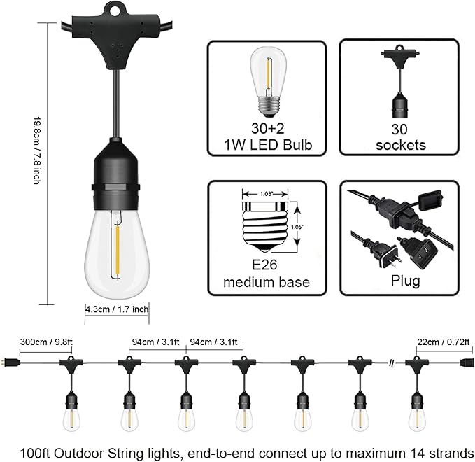 SUFEIMAS Outdoor String Lights Waterproof 100FT Commercial for Patio Market | Connectable Heavy Duty Outside Lighting IP65, 32 Dimmable Plastic Edison Bulbs For Backyard Bistro Garden Porch Fence Balcony