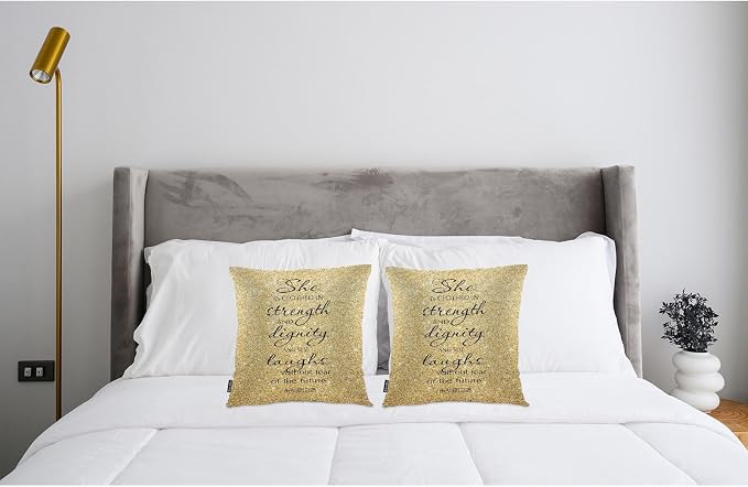 Swono Pillow Covers 18X18 Inch Set of 2 Holy Bible, Throw Pillow Cases Christian Quote Pillowcase Cushion Cover Decor for Home Sofa Bedroom, She Clothed with Strength and Dignity, Gold