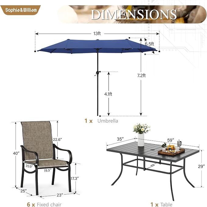 Sophia & William Patio Set with Umbrella, Outdoor Dining Set for 6 Persons, Outdoor Table with 13ft Navy Patio Umbrella & 6 x Fixed Chairs for Lawn Garden Backyard Pool (No Umbrella Base)
