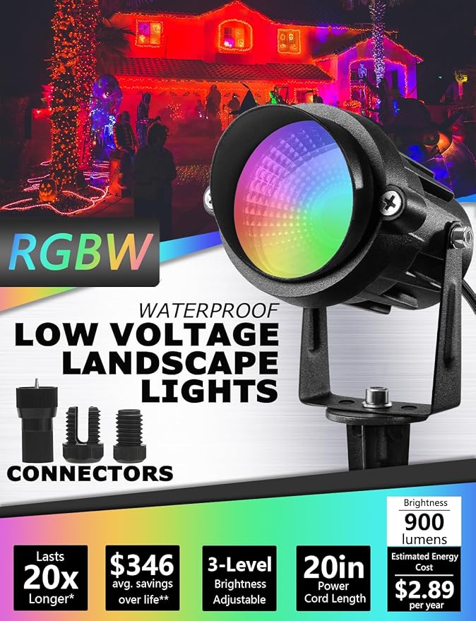 SUNVIE 24 Pack Halloween RGBW Low Voltage Landscape Lights LED Color Changing Landscape Lighting with Remote Control and Wire Connectors, AC/DC 12V-24V Waterproof Outdoor Spotlight for Yard Garden | 12V Waterproof Color Changing Landscape Lighting Chri...