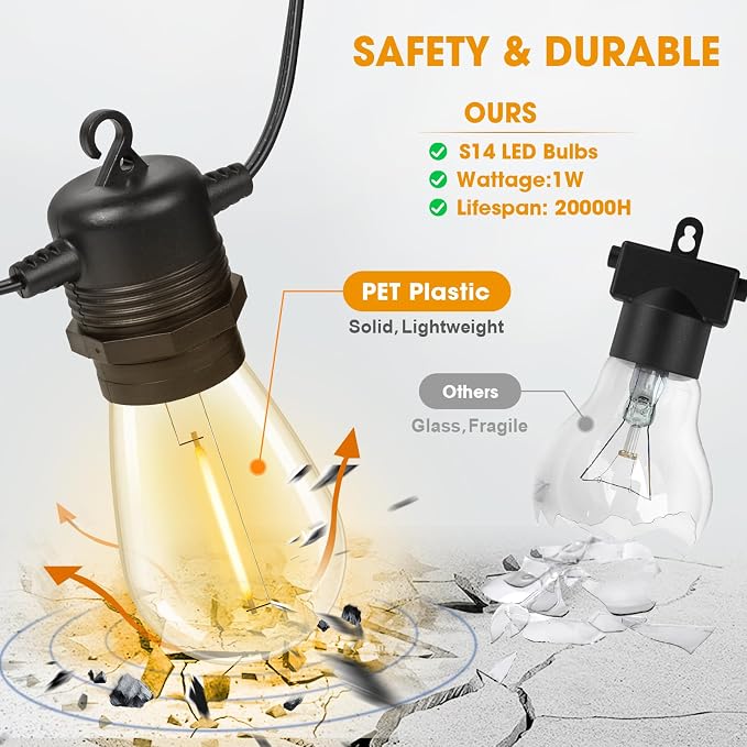 GvvooHome 100FT LED Outdoor String Lights, Commercial Grade Patio Lights with 30+2 Shatterproof S14 Edison Vintage Bulb for Outside Backyard Porch Balcony Party Cafe Decor