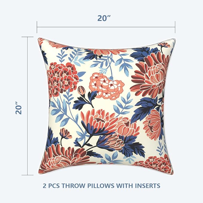 LVTXIII Outdoor/Indoor Throw Pillows, Decorative Patio Accent Pillows, Fluffy Water Repellent Garden Cushions for Home Patio Coach Sofa Use, 20×20 Inch, Pack of 2, Red Chrysanthemum