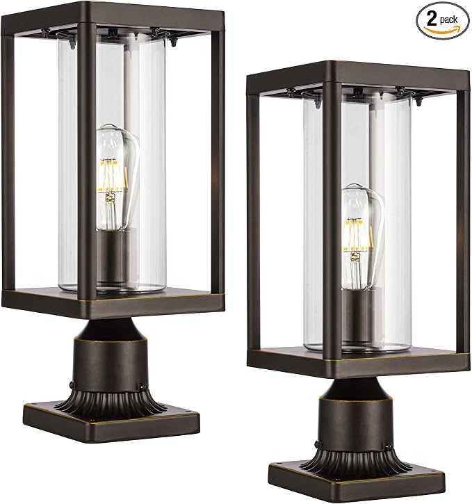 Beionxii Outdoor Post Lights, 20in Post Lantern with Pier Mount Base, Aluminum Street Lights with Glass, Fence Post Deck Lighting for Garden, Patio, Pathway, BXA291-P-2PK-O (NOT Solar, 110-120V AC)