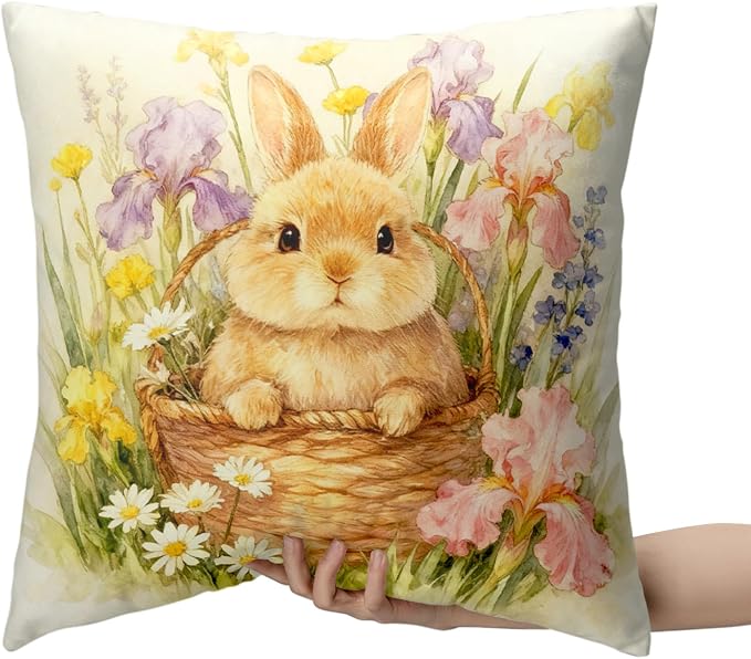 Easter Throw Pillow Covers Watercolor Lovely Bunny Pillow Covers 18x18 Spring Rabbit with Iris Daisy Floral Pillow Cases Happy Easter Farmhouse Cushion Cases for Home Sofa 2 Pack