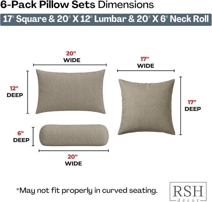 RSH DECOR: 6-Pack Pillow Set | Sunbrella Performance Fabric |Water & Fade-Resistant| 17" Square, 20"x12" Lumbar, 20"x6" Neck Roll | Outdoor Pillows for Patio Furniture | Made in USA (Dots Nice Shale)