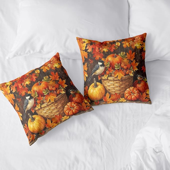 Pumpkin Throw Pillow Covers Fall Themed Pillow Covers 16x16 Set of 2 Orange Maple Leaf Pillows Cases Autumn Thanksgiving Cushion Cases for Home Farmhouse Patio Porch Garden