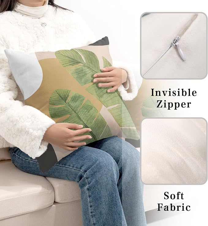Tropical Green Leaves Throw Pillow Covers Summer Plant Couch Cover Brown and White Pillow Cases 16x16 Inch Set of 2 Cotton Blend Farmhouse Decor for Chair Bed Car