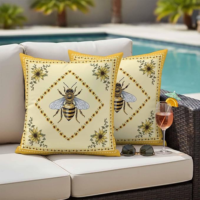 Sunflowers and Bee Outdoor Pillow Covers Set of 2, Farmhouse Retro Floral Decorative Waterproof Throw Pillow Case, Animal Honeybee Cushion Pillowcases for Couch Garden Patio 20x20In