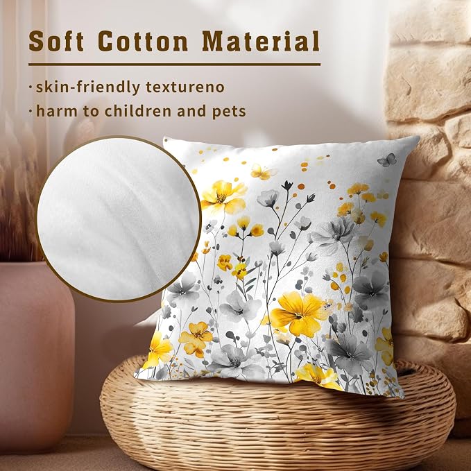 Watercolor Wildflowers Pillow Covers 16x16 Inch, Set of 2 Grey Yellow Spring Summer Blossom Floral Square Pillowcases Cotton Cushion Cover for Living Room Bed Sofa Home Decor