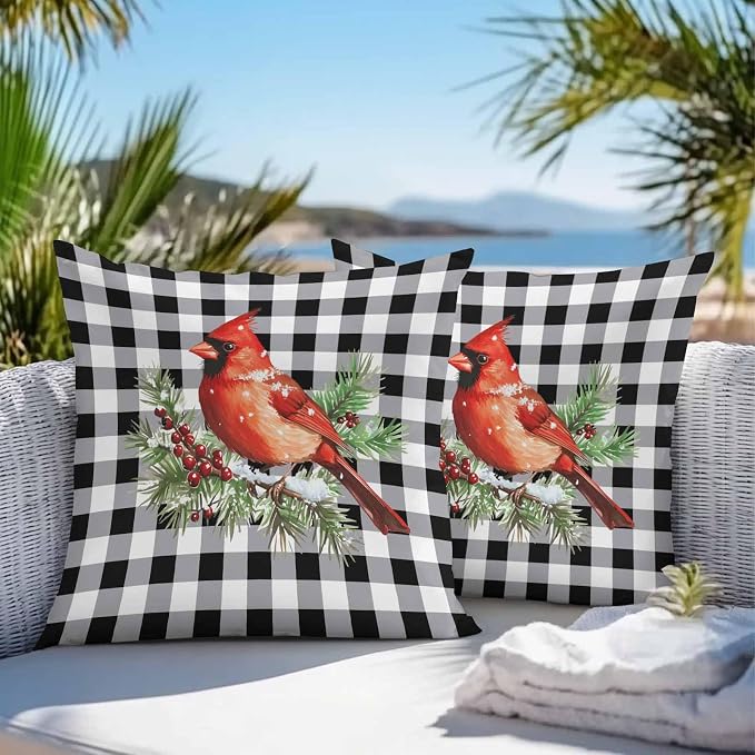 Vandarllin Christmas Outdoor Throw Pillows Covers 24X24 Set of 2 Waterproof Red Cardinals Decorative Zippered Lumbar Cushion Covers for Patio Furniture, White Black Buffalo Check Plaid