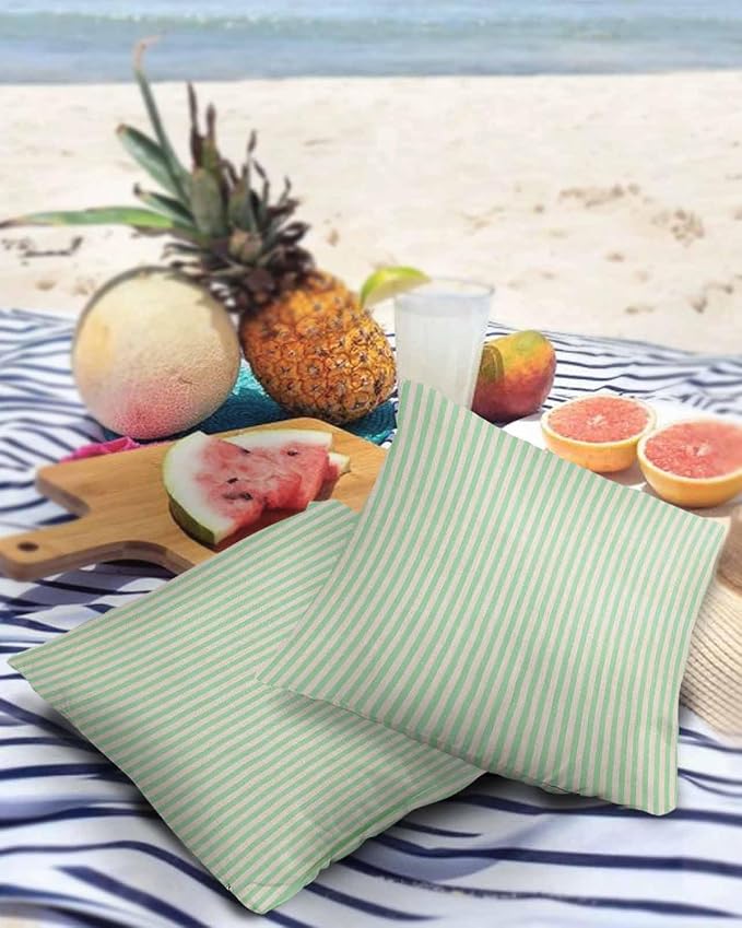 Outdoor Waterproof Throw Pillow Covers Set of 2 Green Stripes Pillowcases 24x24 Inches Linen Classic Vertical Striped Patio Decorative Pillows Cushion Case Patio Pillows for Couch Bed Chair Garden