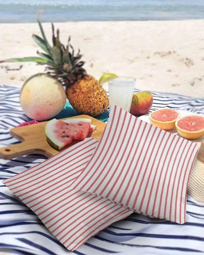 Outdoor Waterproof Throw Pillow Covers Set of 2 Red Stripes Pillowcases 24x24 Inches Red Beige Vertical Striped Patio Decorative Pillows Cushion Case Patio Pillows for Couch Bed Chair Garden