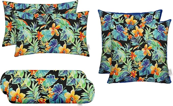 RSH DECOR 6-Pack Pillow Set | All-Weather Spun Fabric | Water & Fade-Resistant | Outdoor Throw Pillows | 20" x 12" Lumbar, 17" Square, & 20" x 6" Neck Roll | Made in USA (Beachcrest Caviar)