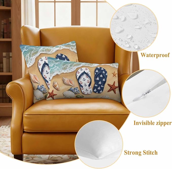 Blue Beige Seaside Outdoor Waterproof Throw Pillow Covers 18x18 Set of 2, Coastal Waves Starfish Summer Beach Nautical Decorative Pillowcases Cushion Pillowcase for Couch Sofa Patio Pillow Protector