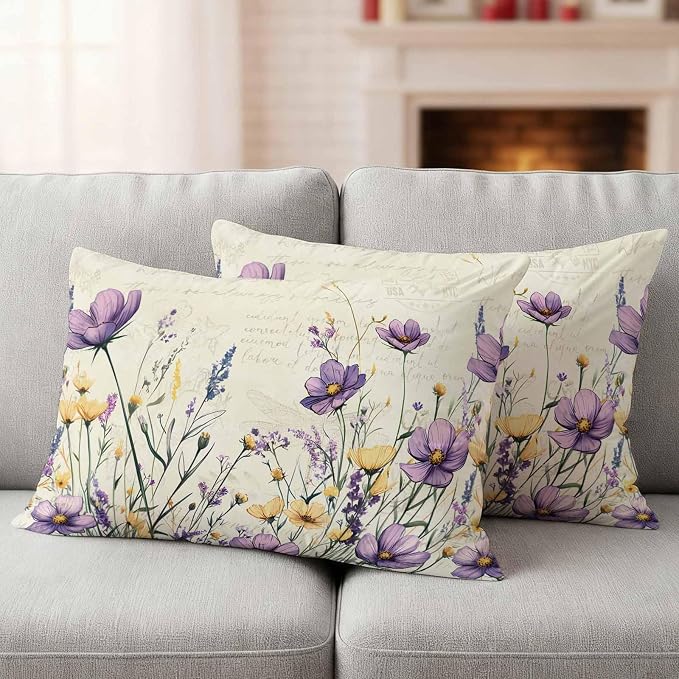 Spring Floral Outdoor Waterproof Throw Pillow Covers Set of 2, 20"x12", Purple Yellow Flower Leaves Retro Letter Texture Decorative Pillow Covers Outside Cushion Case for Patio Porch Garden
