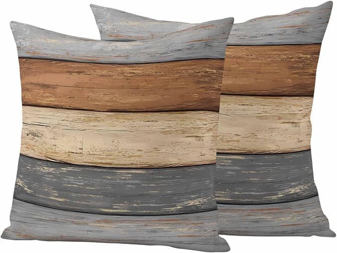 Farmhouse Haze Blue Brown Outdoor Waterproof Pillow Covers, Vintage Wooden Striped Decorative Square Throw Pillowcase Sofa Cushion Sham for Patio/Couch/Chair, 18"x18" 2 Pack