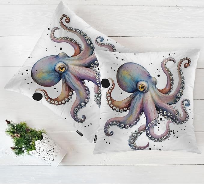 Swono Octopus Bed Pillow Covers, Watercolor Ocean Sea Octopus Decorative Throw Pillow Cover Cushion Case for Sofa Bed Living Room Farmhouse Decorations, 18"X18" 2 Pieces Pillowcases