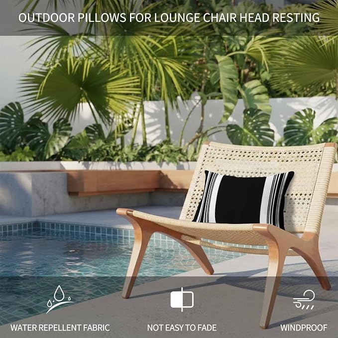 Outdoor Lumbar Pillow Set of 2, Farmhouse Black Waterproof Beach Headrest Pillow with Inserts, Aesthetic Modern Line Striped Recliner Throw Pillows for Patio Furniture, 11 x 16
