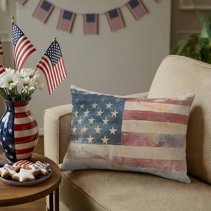 Independence Day Outdoor Pillow Covers 20"x12" Set of 2, Retro Country USA Flag Memorial Day Waterproof Throw Pillow Covers for Patio Furniture, Decorative Cushion Covers for Porch