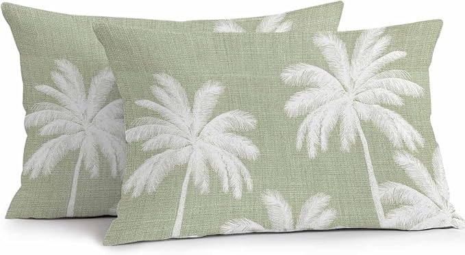 Lumbar Pillow Covers 20x12 Inch Set of 2, Sage Green Palm Trees Waterproof Outdoor Pillow Covers, Farmhouse Tropical Summer Beach Decorative Cushion Pillowcases for Couch, Sofa, Bed, Garden, Patio