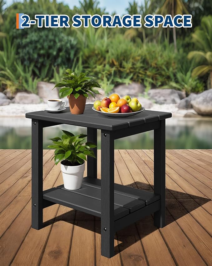 GarveeLife Adirondack Outdoor Side Table 18 x 15 in, HDPE 2-Tier Patio Side Tables for Outside, All-Weather End Table for Patio Pool Deck Indoor Backyard, Black