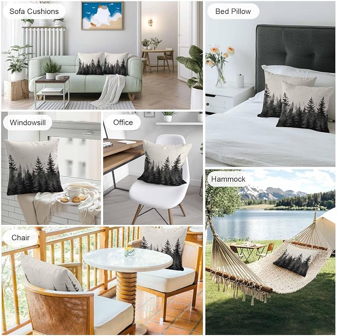 Vandarllin Outdoor Throw Pillows Covers 26x26 inch Set of 2 Waterproof Black Forest Decorative Zippered Cushion Covers for Patio Furniture, Tree Bird Nature Landscape Linen Lumbar Pillowcases