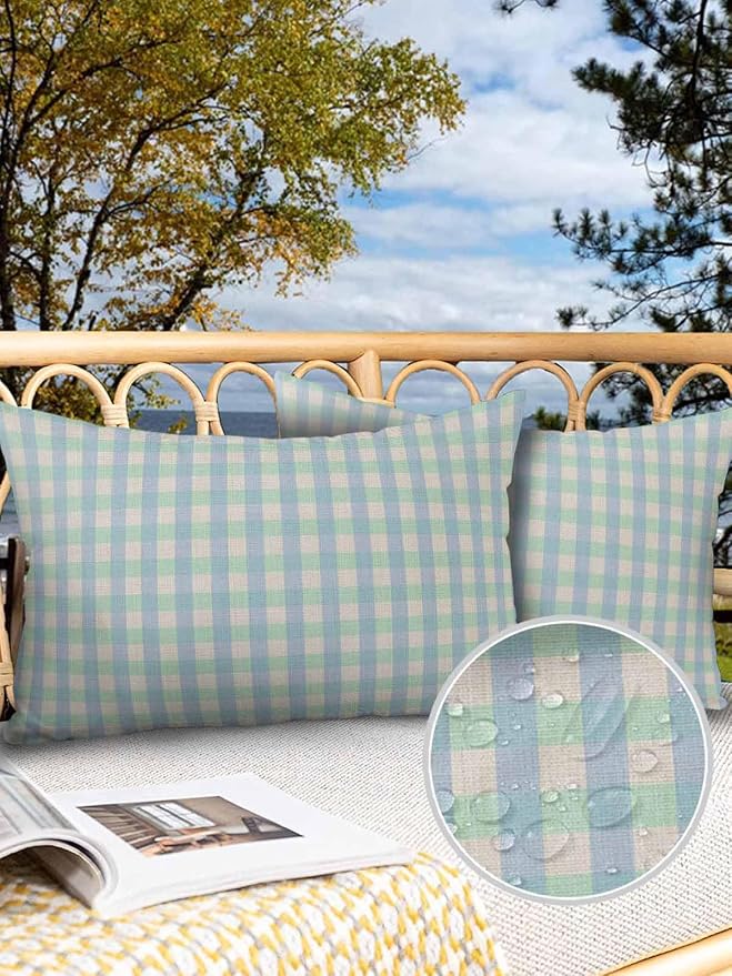 Outdoor Waterproof Throw Pillow Covers Set of 2 Buffalo Plaid Lumbar Pillowcases 20x12 Inches Blue Linen Classic Checked Patio Decorative Pillows Cushion Case Patio Pillows for Couch Bed Chair Garden
