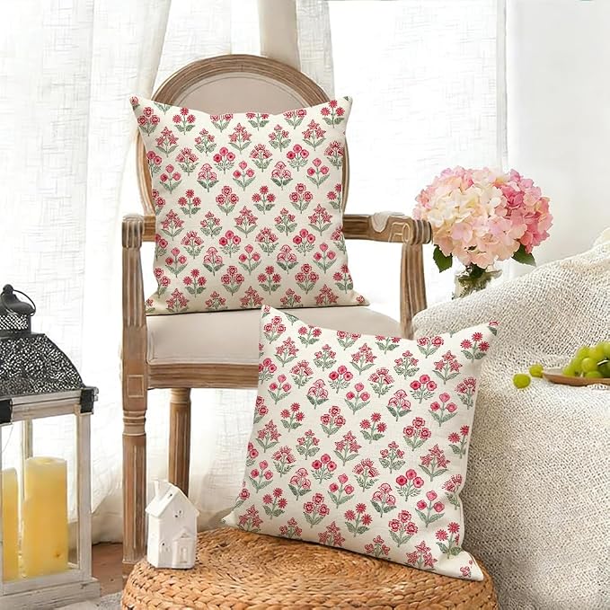 RABUSOFA Red Vintage Floral Summer Pillow Covers Set of 2,Seasonal Flower Oudtdoor Decorative Throw Cuchion Cases Spring Summer Decorations for Home Patio Couch Decor 20x20 Inch