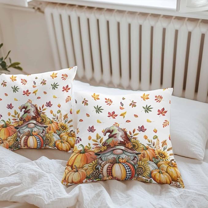 Fall Gnomes Outdoor Waterproof Pillow Covers, Thanksgiving Pumpkins Leaf Sunflowers Farm Decorative Square Throw Pillowcase Sofa Cushion Sham for Patio/Couch/Chair, 18"x18" 2 Pack