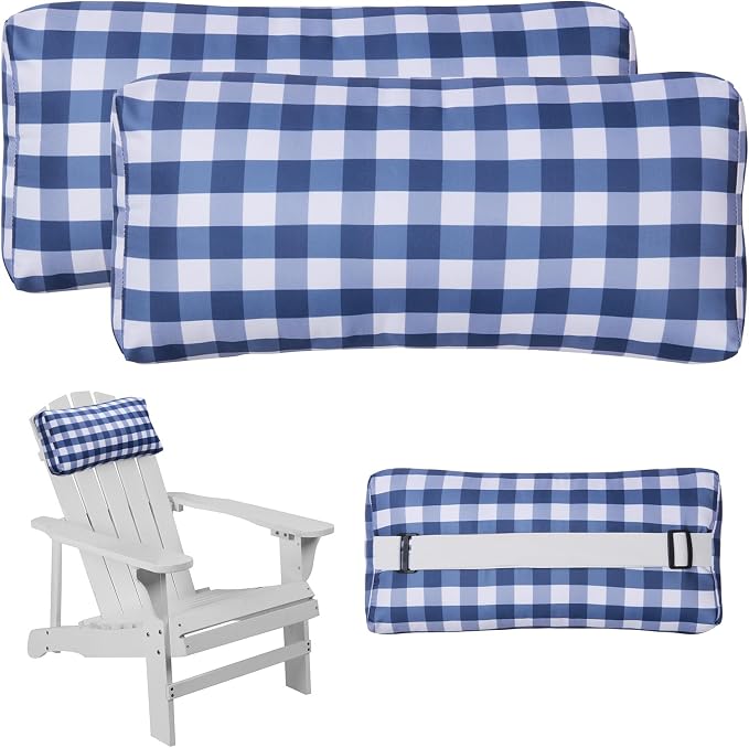 Outdoor Pillow for Chaise Lounge Chair, Plaid Oudoor Patio Pillow with Insert Adjustable Elastic Strap for Recliner Beach Pool Patio Chairs, 2 Pcs Blue and White