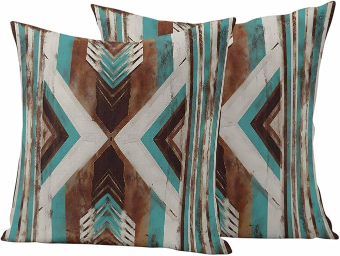 Aztec Southwestern Outdoor Pillow Covers 26"x26" Set of 2, Vintage Abstract Brown Turquoise Diamond Waterproof Throw Pillow Covers for Patio Furniture, Decorative Cushion Covers for Porch